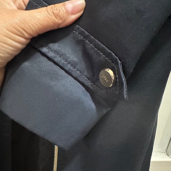 Sz M Womens Jones New York Trench Coat Mid Length Navy Belt Vent Full Zip satin - Picture 6 of 11